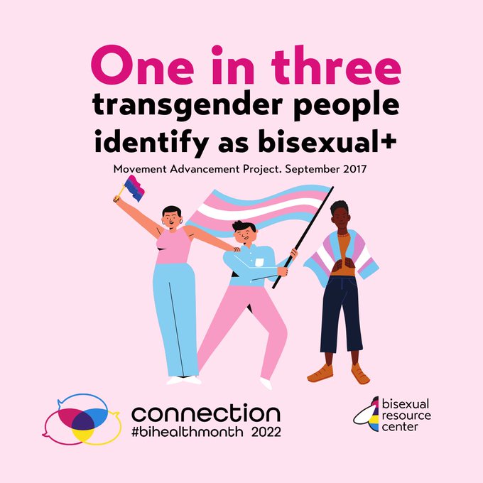 Text says, One in three transgender people identify as beisexual+

IMAGE of 3 people, 1 waving a bi pride flag, one waving a trans pride flag, one drapped in a trans pride flag. 
